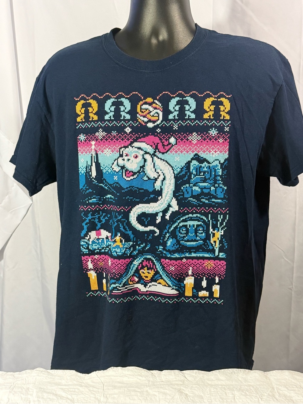 Navy Holiday Graphic T-Shirt with Festive Creature Design Ghost Busters Ugly